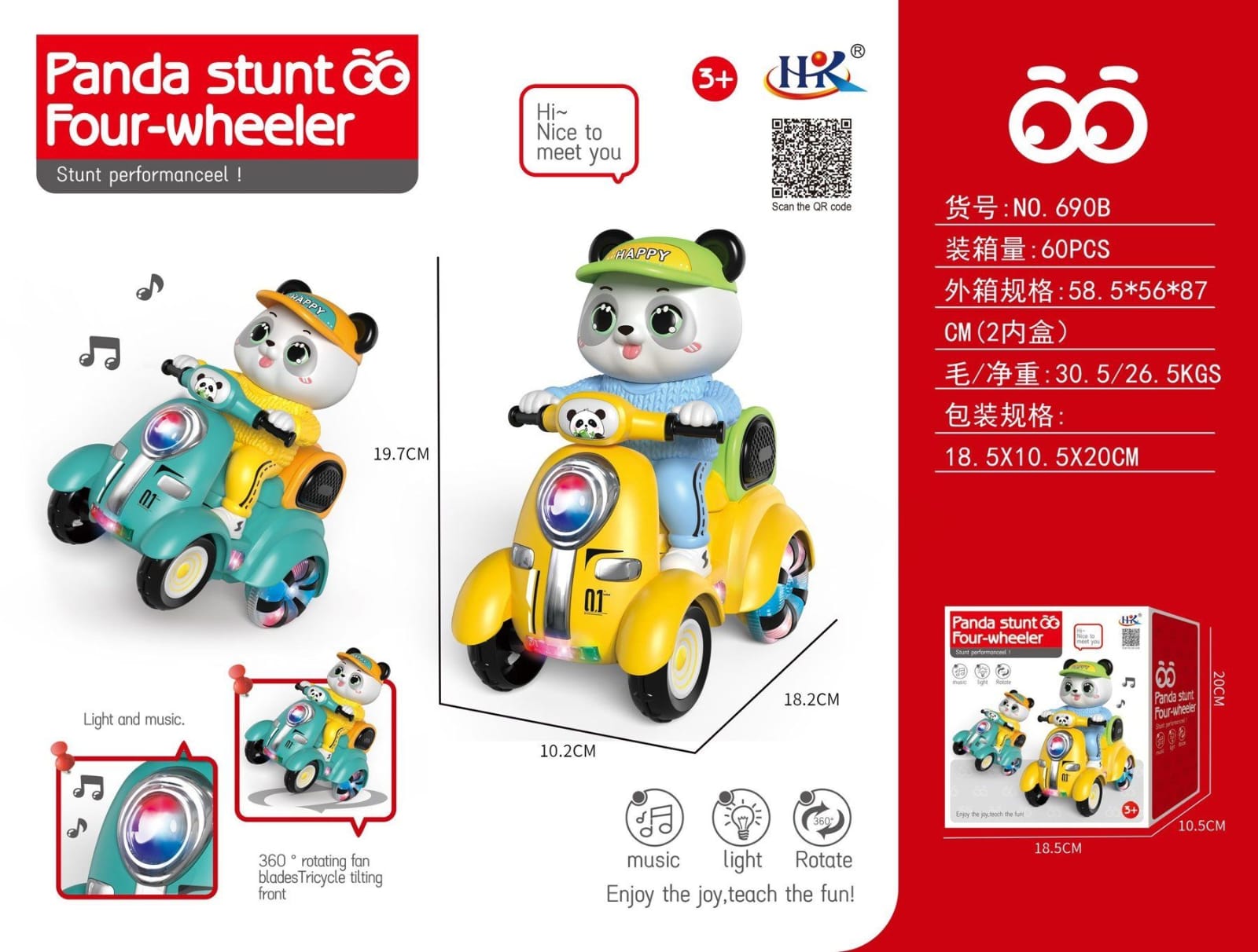 Lallafy Panda Stunt Four Wheeler (Bulk) | 360° Rotating Stunt Car with LED Lights & Music | Battery Operated Action Toy for Kids