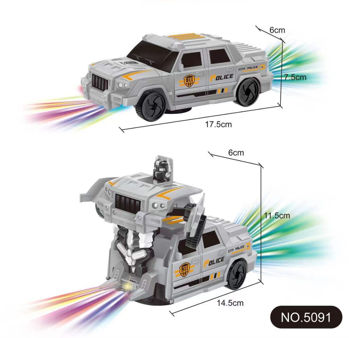 Lallafy Deformation Police Car (Bulk) | Transforming Police Robot Car Toy with Light & Sound | Action Adventure Toy for Boys & Girls